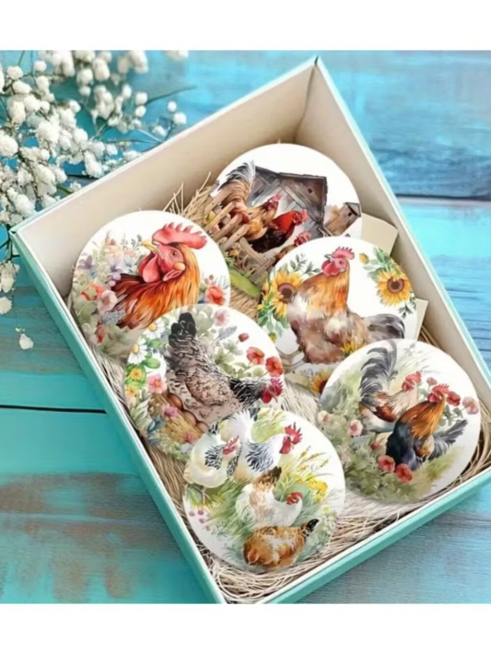 Chickens & Flowers Colorful Coaster Set Wooden Cottage Farmhouse Kitchen Country